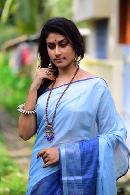 Blue Color Cotton linen saree 1
