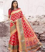 Red woven silk blend saree with blouse