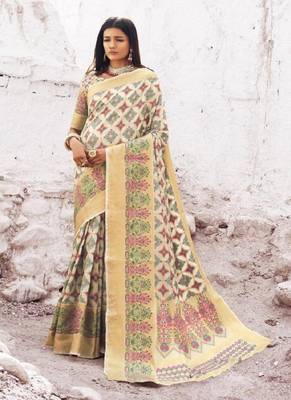 Cream woven silk blend saree with blouse 1