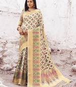 Cream woven silk blend saree with blouse