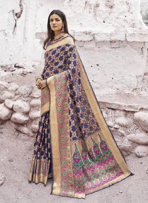   navy blue woven silk blend saree with blouse 1