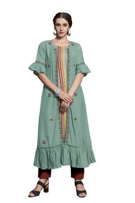 Sea-Green Embroidered Crepe Ethnic-Kurtis 1