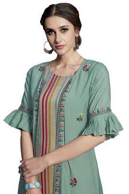 Sea-Green Embroidered Crepe Ethnic-Kurtis 3