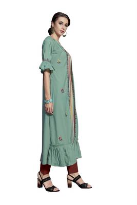 Sea-Green Embroidered Crepe Ethnic-Kurtis 5