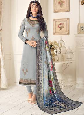 grey embroidered georgette semi stitched salwar with dupatta 1