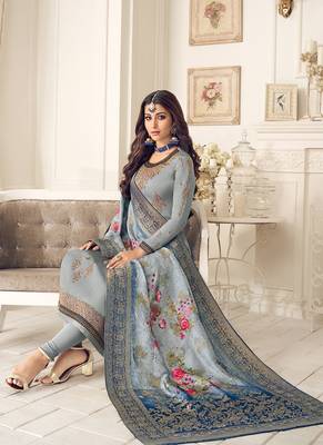 grey embroidered georgette semi stitched salwar with dupatta 2