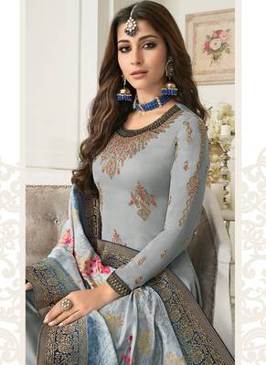 grey embroidered georgette semi stitched salwar with dupatta 3