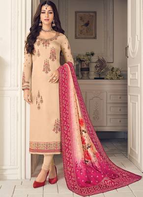 Cream Embroidered Georgette Semi Stitched Salwar With Dupatta 1
