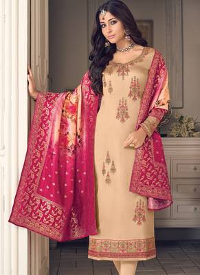 Cream Embroidered Georgette Semi Stitched Salwar With Dupatta 2