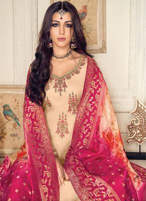 Cream Embroidered Georgette Semi Stitched Salwar With Dupatta 3