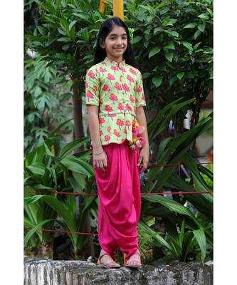 Tulip-print band-gala peplum top with dhoti - Light Green & Fuchsia Pink 1