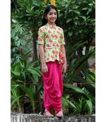 Tulip-print band-gala peplum top with dhoti - Light Green & Fuchsia Pink
