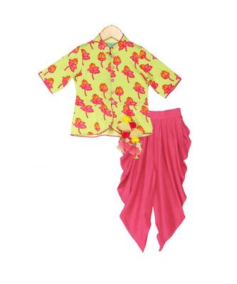 Tulip-print band-gala peplum top with dhoti - Light Green & Fuchsia Pink 3