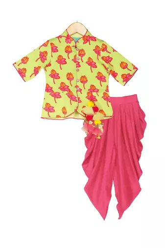 Tulip-print band-gala peplum top with dhoti - Light Green & Fuchsia Pink
