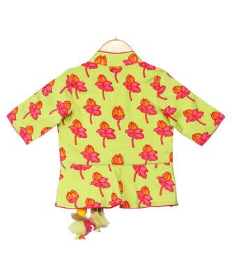 Tulip-print band-gala peplum top with dhoti - Light Green & Fuchsia Pink 4