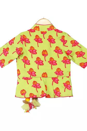 Tulip-print band-gala peplum top with dhoti - Light Green & Fuchsia Pink