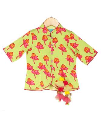 Tulip-print band-gala peplum top with dhoti - Light Green & Fuchsia Pink 5