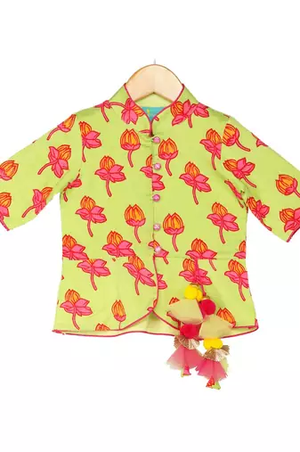 Tulip-print band-gala peplum top with dhoti - Light Green & Fuchsia Pink