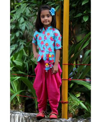 Tulip-print band-gala peplum top with dhoti - Blue & Fuchsia Pink 1