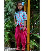 Tulip-print band-gala peplum top with dhoti - Blue & Fuchsia Pink