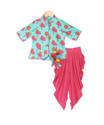 Tulip-print band-gala peplum top with dhoti - Blue & Fuchsia Pink 2