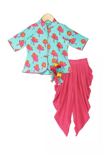 Tulip-print band-gala peplum top with dhoti - Blue & Fuchsia Pink