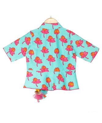Tulip-print band-gala peplum top with dhoti - Blue & Fuchsia Pink 3