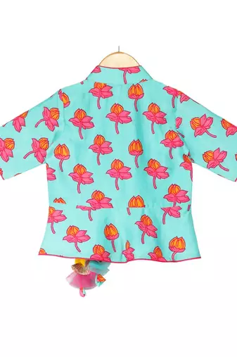 Tulip-print band-gala peplum top with dhoti - Blue & Fuchsia Pink