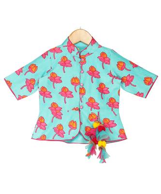 Tulip-print band-gala peplum top with dhoti - Blue & Fuchsia Pink 4