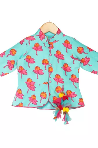 Tulip-print band-gala peplum top with dhoti - Blue & Fuchsia Pink