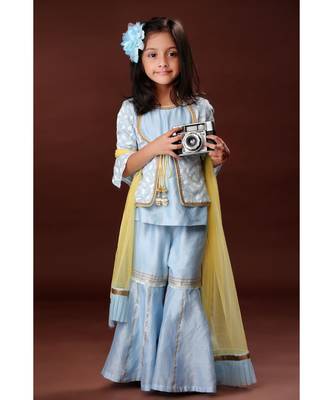 Elegant Sharara with Attached Jacket Top - Hue of Blue 1