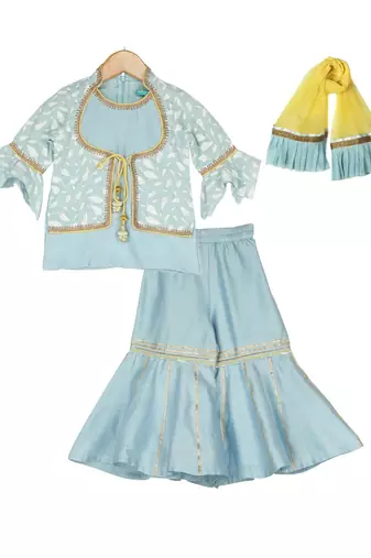 Elegant Sharara with Attached Jacket Top - Hue of Blue