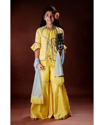 Elegant Sharara with Attached Jacket Top - Yellow 1