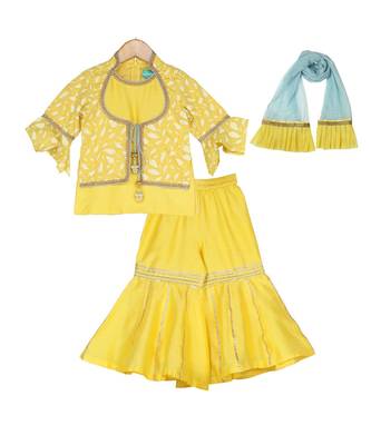 Elegant Sharara with Attached Jacket Top - Yellow 2