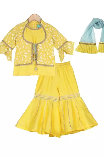 Elegant Sharara with Attached Jacket Top - Yellow