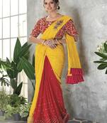 Yellow embroidered silk saree with blouse