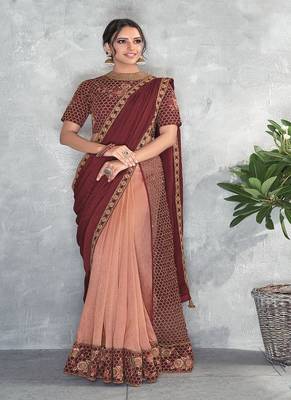 Maroon embroidered silk saree with blouse 1