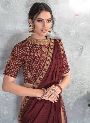 Maroon embroidered silk saree with blouse 2