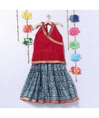 Printed Blue Lehenga With Red Halter Neck Choli 1