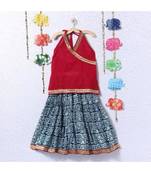 Printed Blue Lehenga With Red Halter Neck Choli