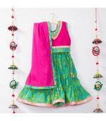 Printed Green Lehenga With Pink Tie Back Crop Top And A Beautiful Pink Dupatta
