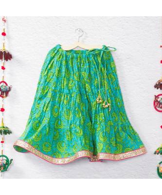Printed Green Lehenga With Pink Tie Back Crop Top And A Beautiful Pink Dupatta 3