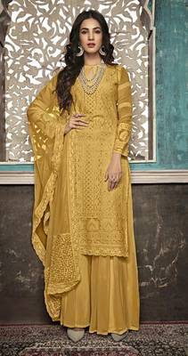 Yellow embroidered faux georgette salwar 1