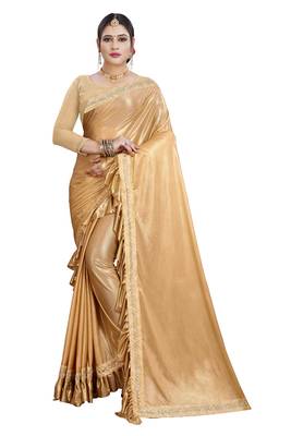Gold plain lycra saree with blouse 1