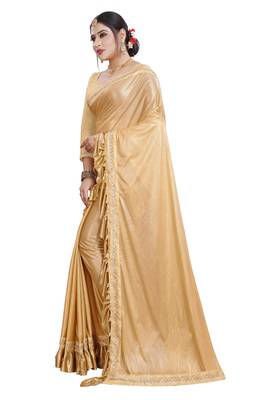 Gold plain lycra saree with blouse 2
