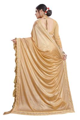 Gold plain lycra saree with blouse 3