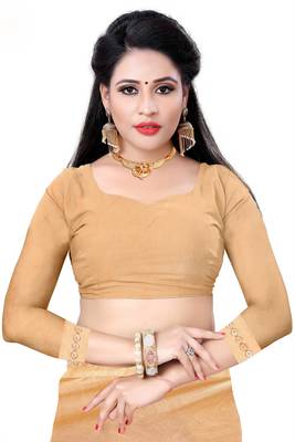 Gold plain lycra saree with blouse 4