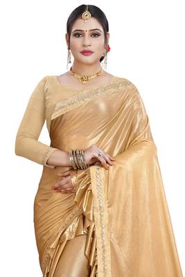 Gold plain lycra saree with blouse 5
