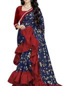 Dark blue printed lycra saree with blouse