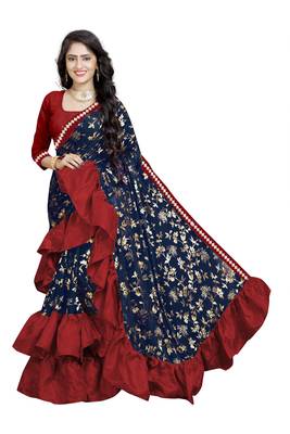 Dark blue printed lycra saree with blouse 2